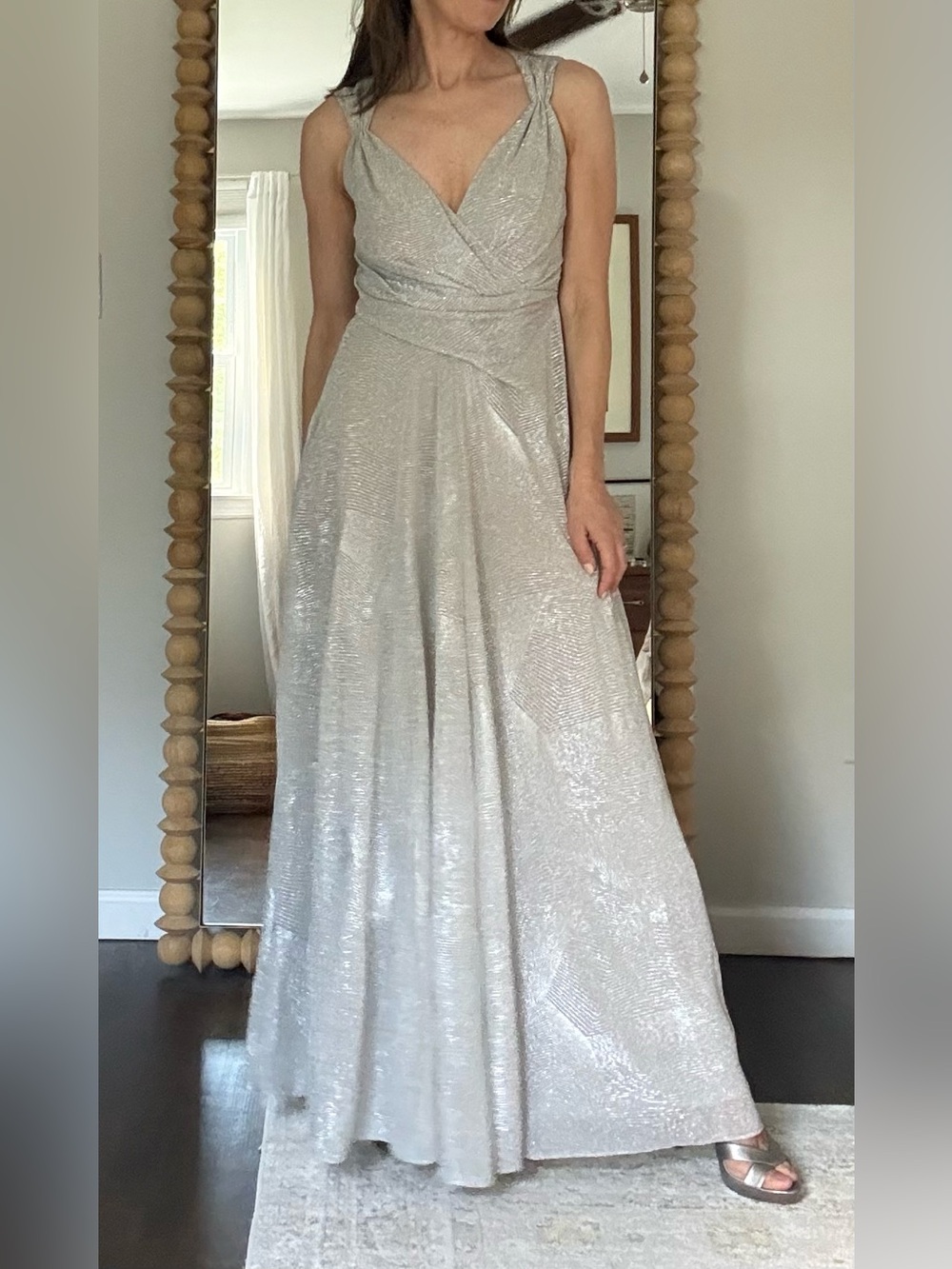 Talbot Runhof Pokario Silver Diamond Voile Sleeveless Gown Dress